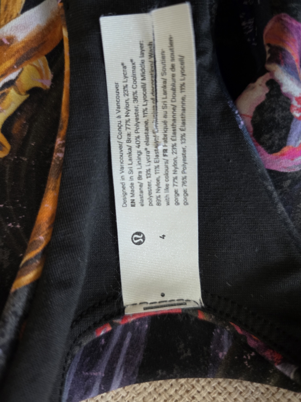 lululemon athletica Black Sports Bra with Pink, Yellow & Purple Floral Accents - Picture 5 of 6